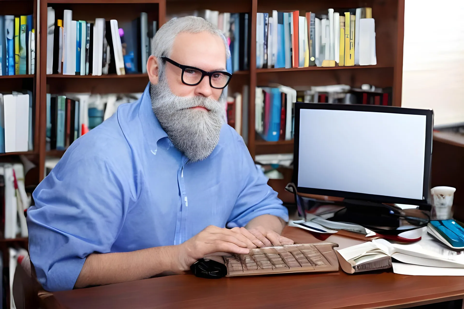 Владелец книжной лавки, Альдебаран, борода, очки, образ из нейросети, альдебаранская клавиатура, стол, монитор