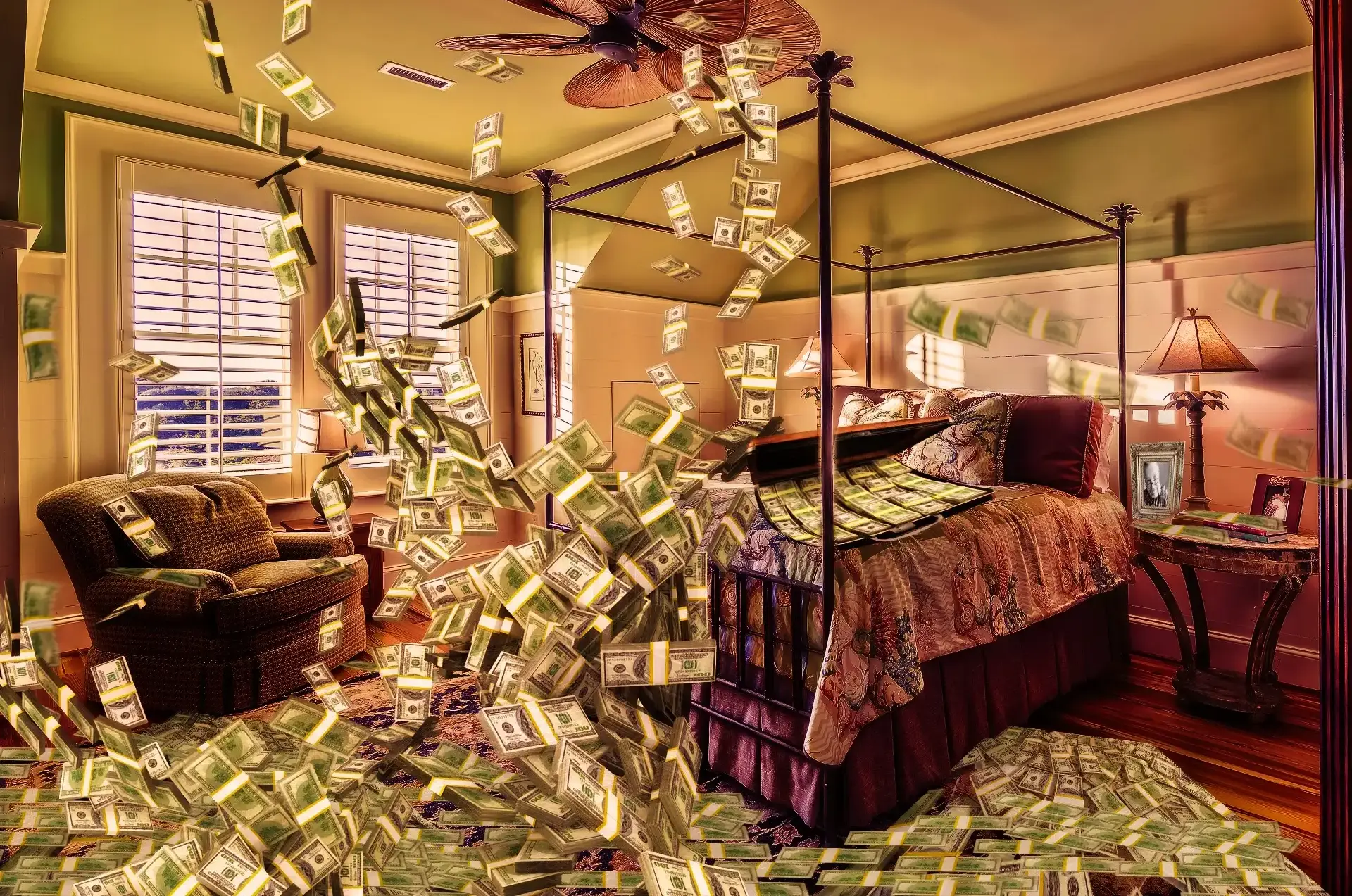 Деньги, комната, писатель, доллары, богатство, слава