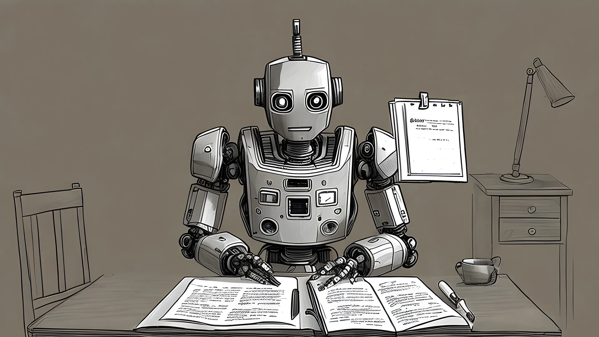Робот, искусственный интеллект, за столом, чтение, книги, газеты, информация, данные